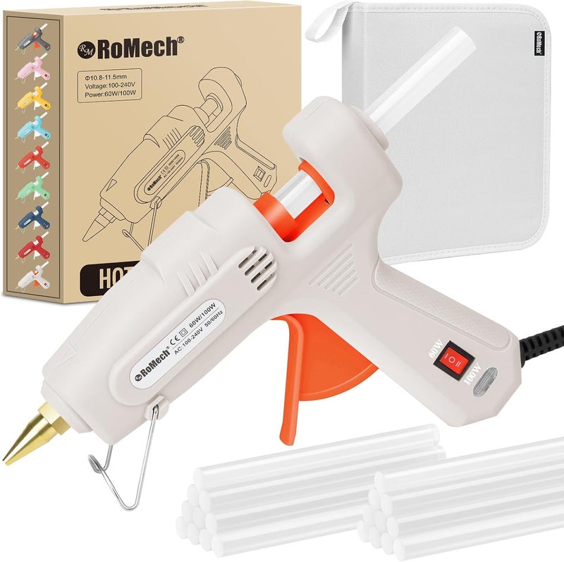 ROMECH Full Size Hot Glue Gun with 60/100W Dual Power and 21 Hot Glue Sticks (7/16"), Fast Preheating Heavy Duty Industrial Gluegun with Storage Case for Crafting, DIY and Repairs (White) - Image 1